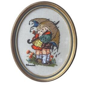 Vintage 70s Framed Finished Crewel Hummel Embroidery Rainy Day Umbrella Kids